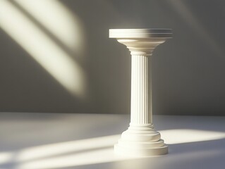 A clean, modern composition featuring a tall, white, Doric-style column standing against a soft light background. The column's base is slightly elevated on a small circular stand, creating a sense of