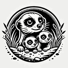 Meerkat Mother and Pups Peeking Out of a Burrow