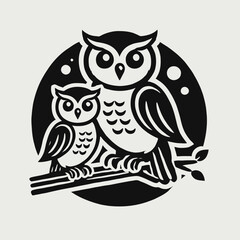 Owl and Owlet Perched Together on a Branch