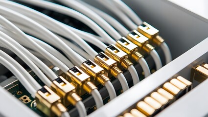 Precisely aligned, gleaming gold connectors and pristine white cables, a mesmerizing display of technological precision and elegance.