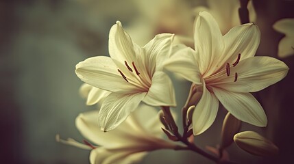 Fototapeta premium Close-up view of two delicate, pale yellow lilies.