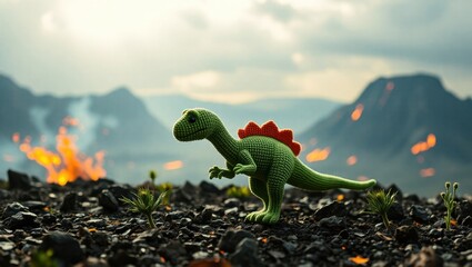 A toy dinosaur standing on top of a rocky hillside