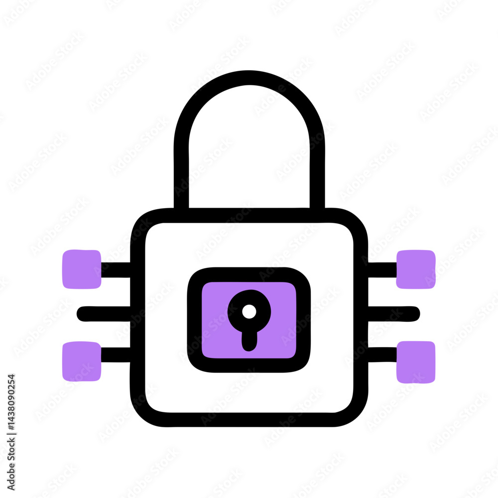 Poster simple icon of a purple digital lock with a black outline for security websites, password management