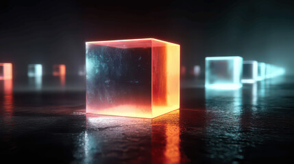 Illuminated cubes in vibrant colors are arranged on a dark reflective surface, creating a striking visual effect. This modern art display enhances the nighttime atmosphere