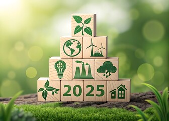Wooden blocks with green ecology icons stacked on moss representing sustainability goals for the future