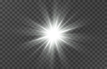 Bright sun sparkles with stars and sparkles. Vector realistic light, Sun with rays and glare. Sunlight or dawn on transparent background
