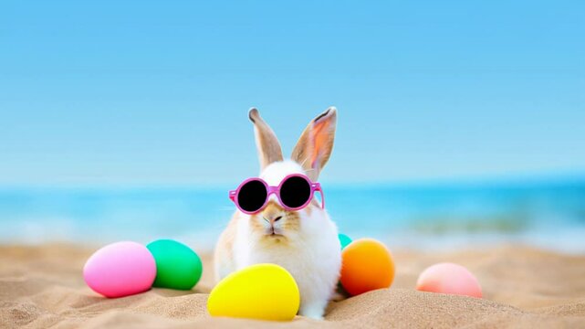 Adorable bunny wearing pink sunglasses surrounded by colorful Easter eggs on a sunny beach, symbolizing holiday joy, spring celebration, and fun vacation vibes.