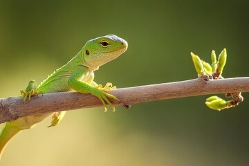 green lizard sunbathing on branch