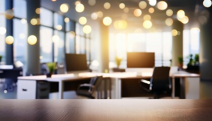  Blurred image of modern office interior with bokeh lights