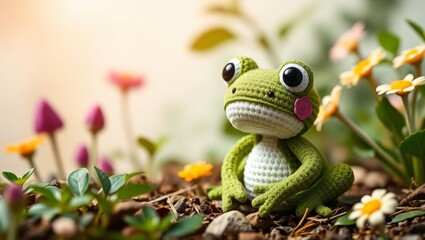 Fototapeta premium A crocheted frog sitting in the middle of a field of flowers