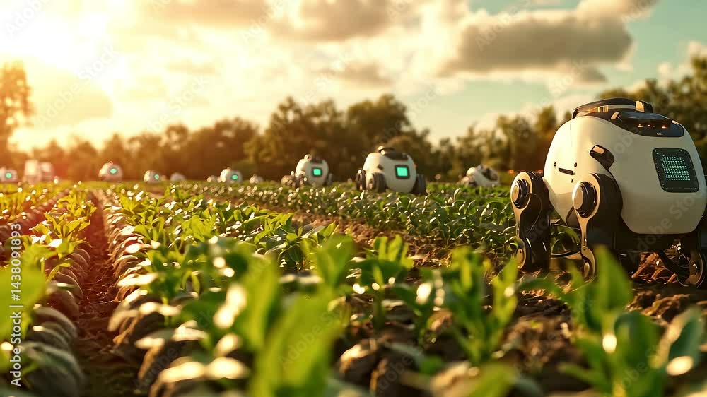 Poster agricultural robots working in a field