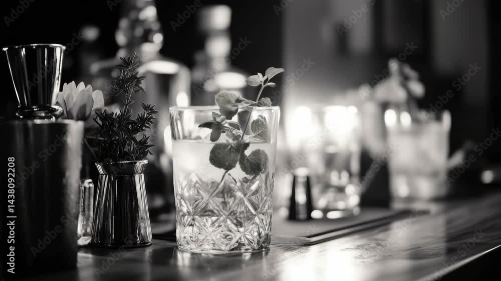 Poster a bar with a glass of mint and lime on a table. the table is surrounded by various glasses and bottl