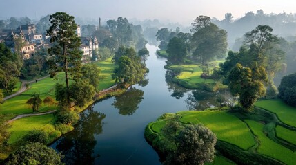 Fototapeta premium Tranquil morning view of a river winding through lush green rice paddies and traditional houses, misty atmosphere.