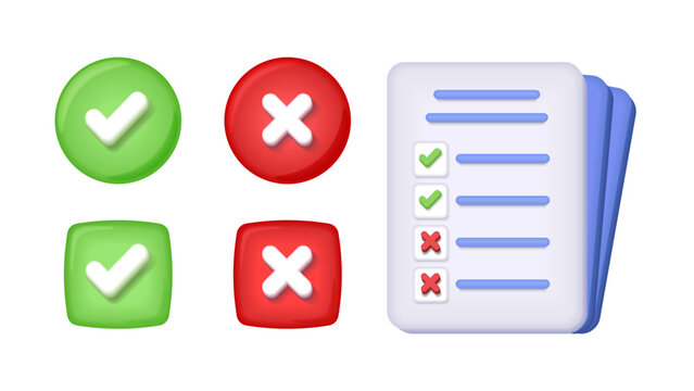 3D Acceptance and Rejection Icons. Check and Cross Marks, Checklist Paper, Right and Wrong Symbols, Do and Don&rsquo;t Concept Illustration.