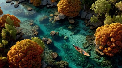 Aerial view of a tranquil river with crystal clear water, a small boat, and vibrant autumn foliage. Lush trees line the riverbanks, creating a picturesque scene.