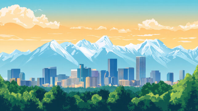 Denver skyline with majestic mountains in the background denver skyline mountains colorado cityscape Horizon Illustration.