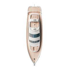 realistic top view of private yacht isolated on clean white background, positioned centrally with space around, detailed marine adventure style