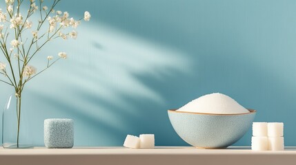 Blue background highlighting white sugar textures and shapes in bowl and cube form