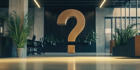 An office environment with a large question mark graphic placed strategically in the middle of the room, prompting viewers to ponder about the mystery or challenge that the office may be facing. The