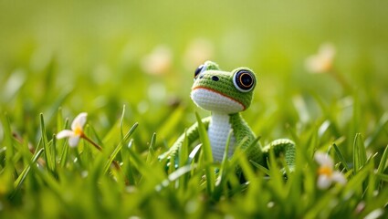 A crocheted frog sitting in the grass with a flower in its mouth
