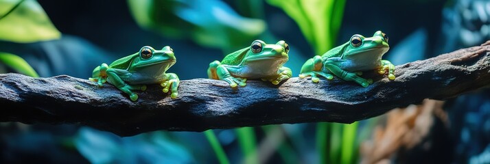 focus close-up three Green frogs sitting on branch, nature background