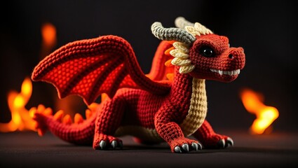 Fototapeta premium A red crocheted dragon sitting in front of a fire