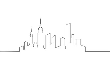 Naklejka premium Modern cityscape continuous one line vector drawing, One single line drawing New York city skyline United States. Historical town landscape in world.