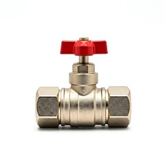  Dual valve pipe connector in metal, symmetrical view white background.