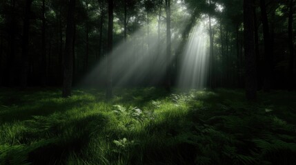 Fototapeta premium Sunlight streams through dense forest. Sunlight piercing dark woodland