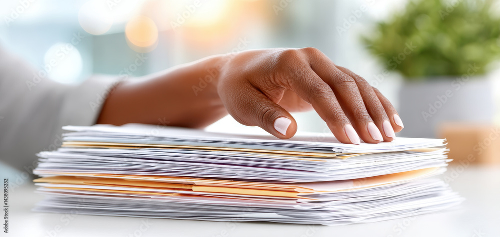Aufkleber hand rests stack of documents symbolizing teamwork and collaboration finance. this scene captures es
