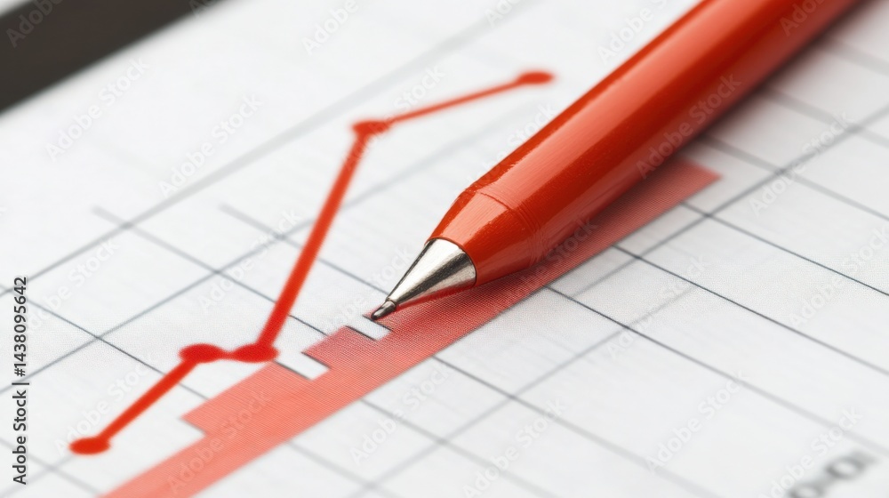 Poster close-up of a red pen poised over a financial graph showing upward trends and data analysis