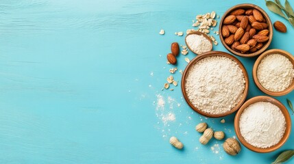 Flour and nuts in cozy wooden textures contrasted by bold blue background