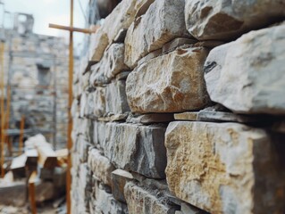 The image depicts an active construction site with stone walls under construction. The walls are composed of irregularly shaped stones, and the site is equipped with scaffolding for workers to access