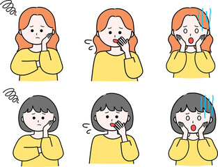 女性イラストセット／悩む／困る／ショック
