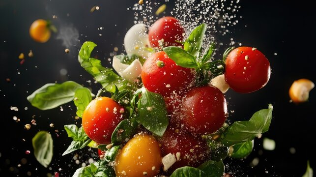 Mid-air ingredients for tomato salad captured against dramatic dark background