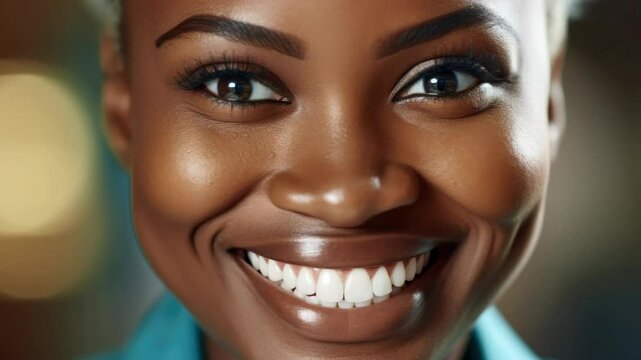 A woman with dark hair and brown eyes is smiling. She has a nice, even complexion and her eyes are bright