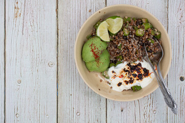 Fermented plant based yogurt, buckwheat groats and avocado