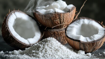 Close-up of freshly cracked open coconuts with white flesh and shredded coconut on dark background for healthy food and tropical ingredients