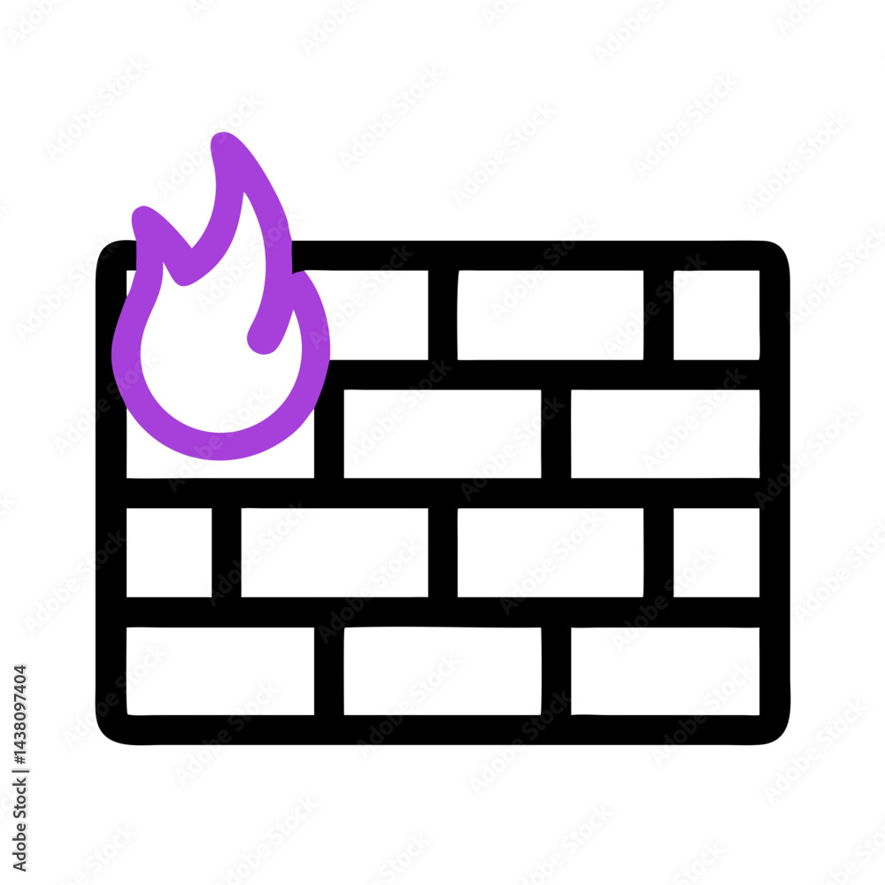 Poster simple line art icon of brick wall with stylized purple flame shape next to it.represents a firewall