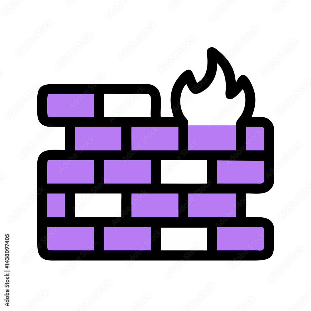 Poster simple line art icon of brick wall with stylized purple flame shape next to it.represents a firewall