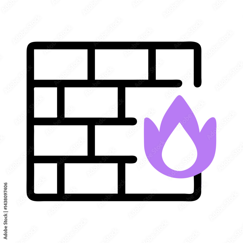 Poster simple line art icon of brick wall with stylized purple flame shape next to it.represents a firewall