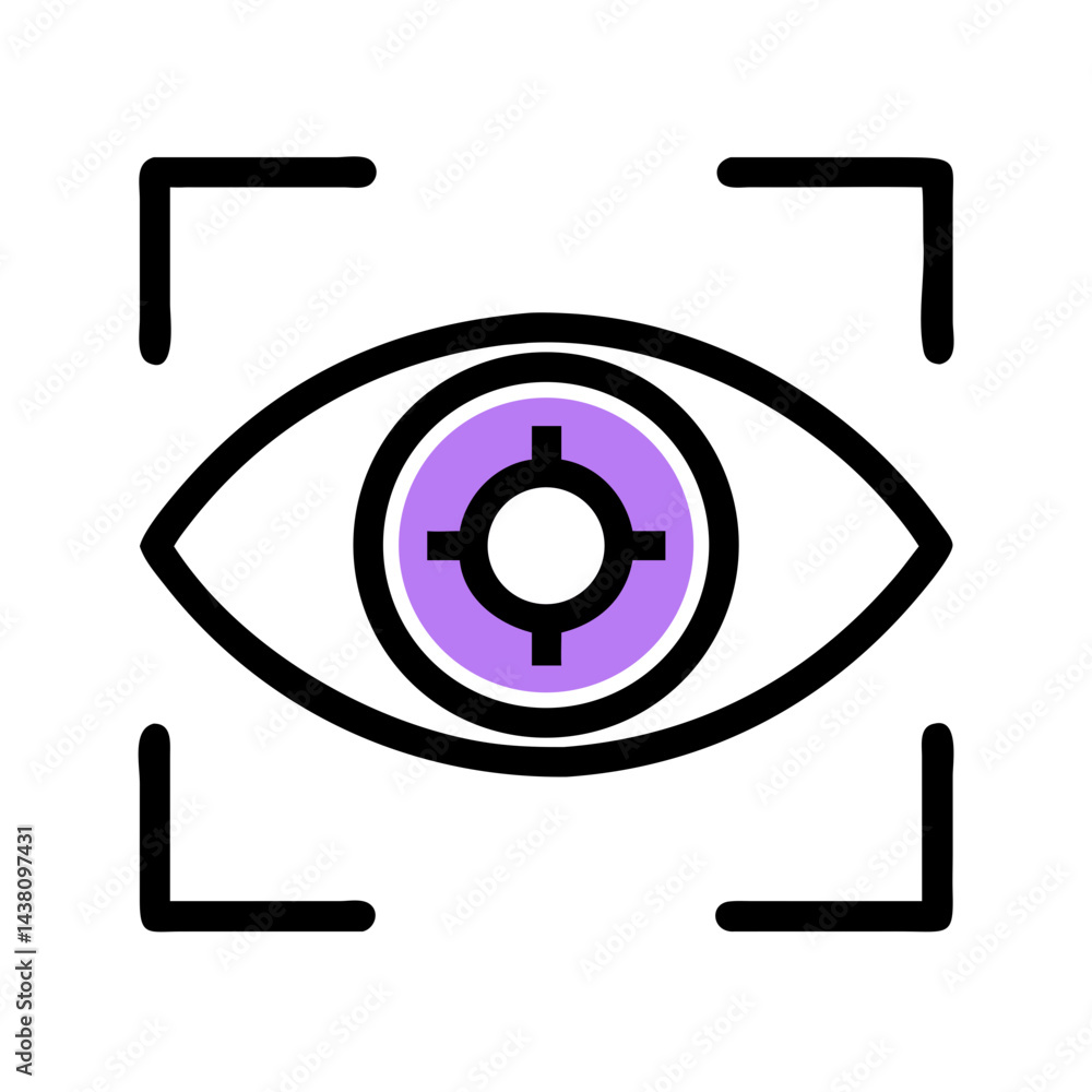 Poster line art icon of an eye with purple iris containing target symbol,enclosed in focusing frame.represe
