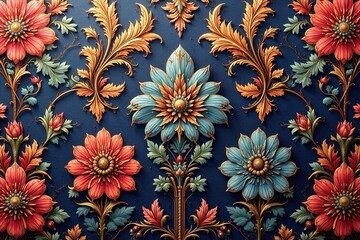 Elegant floral damask textile, intricate detailing, decorative, motif