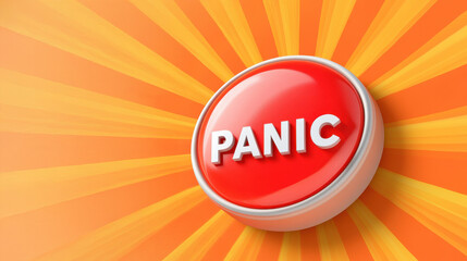 Panic Button: A 3D rendering of a large red panic button with the word "PANIC" in white lettering, set against a vibrant orange sunburst background.