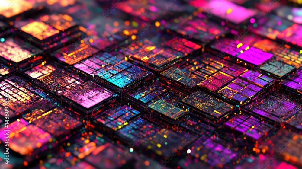 Poster colorful abstract representation of digital circuits with shimmering lights and reflections