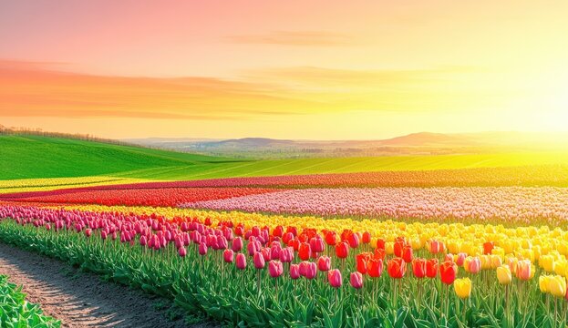Colorful tulip fields at sunrise