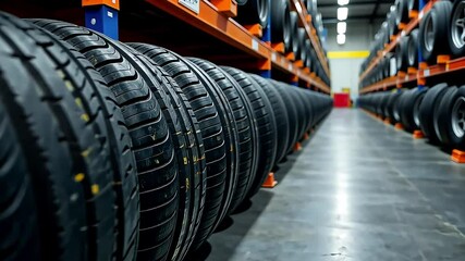 New car tires are stored in a modern warehouse of a car repair shop or tire station, concept of the transport industry