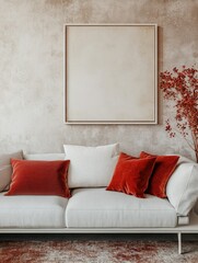 This image showcases a beautifully designed modern living room. The space features a neutral color palette, with a brown sofa adorned with red velvet pillows and complemented by a white floor lamp. A