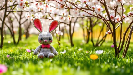 A crocheted bunny sitting in the grass in front of a flowering tree