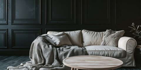 Photograph of a modern living room scene, showcasing contemporary furniture and textiles. The image features a large sofa adorned with a soft gray blanket draped over the backrest, inviting relaxation